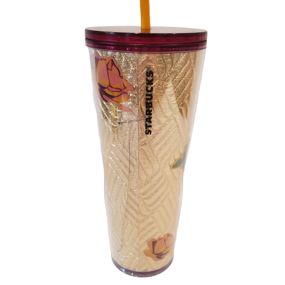 Starbucks Fall 2020 Gold Quilted with Pink Rose Beauty & Beast 24oz Tumbler FLAW - Picture 3 of 6